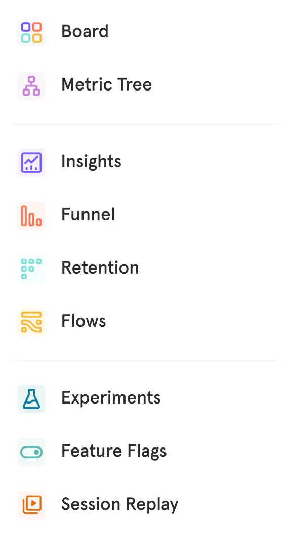 Navigation menu from a digital analytics platform showing product engagement tools including Board, Metric Tree, Insights, Funnel, Retention, Flows, Experiment, Feature Flag (Beta), and Heatmap. Supports user behavior analytics, customer analytics, funnel analysis, mobile app engagement, and website optimization.