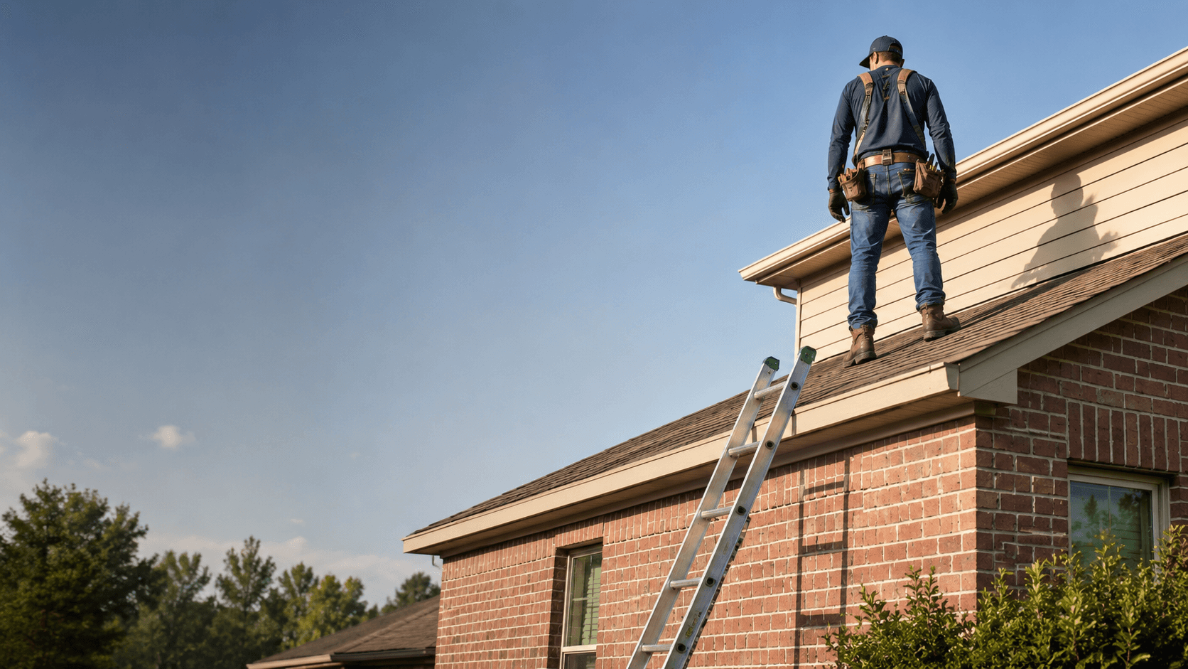 a man standing on the roof of a house