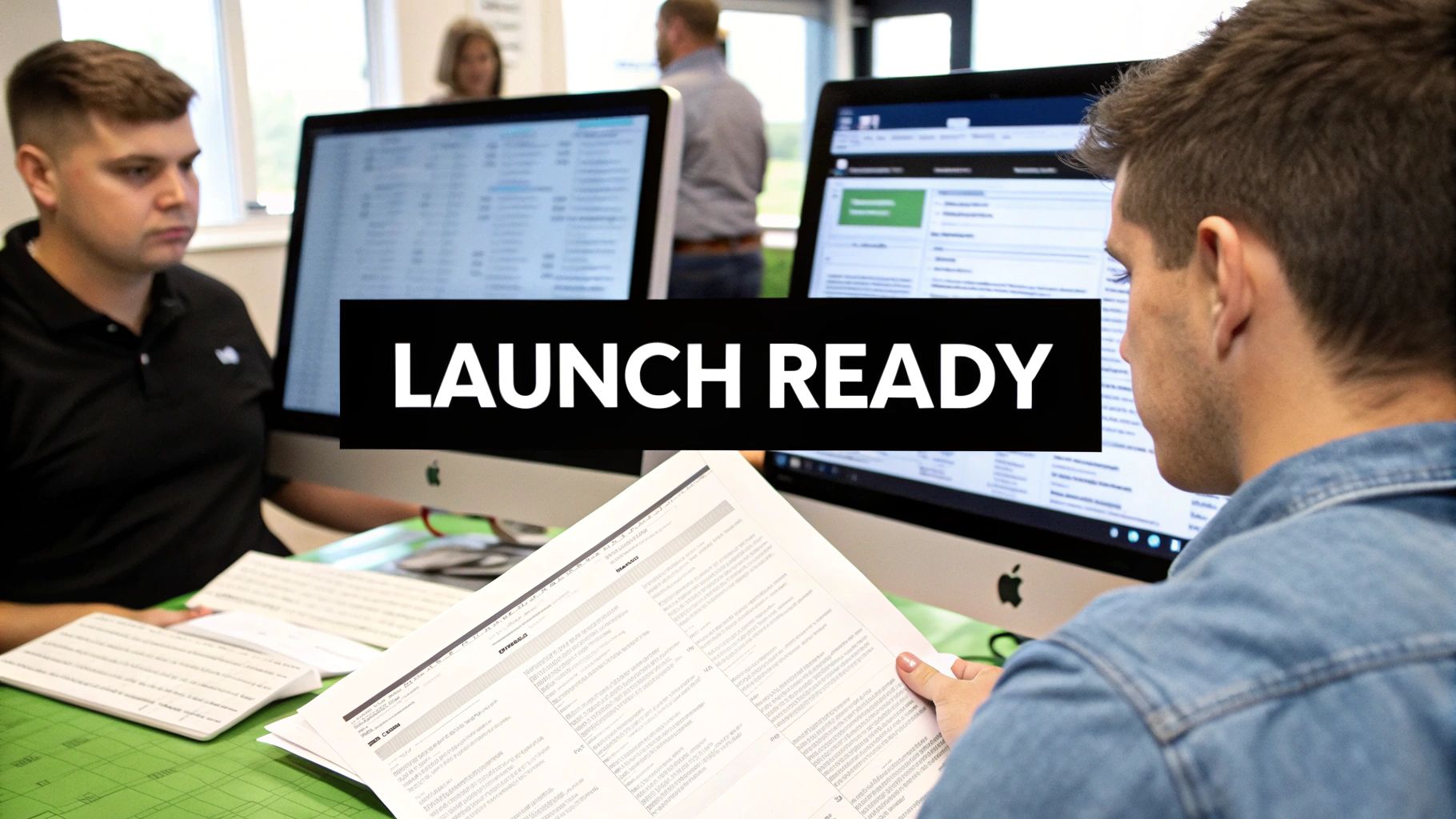 Two men are working diligently on computers and reviewing documents, with a 'LAUNCH READY' banner.