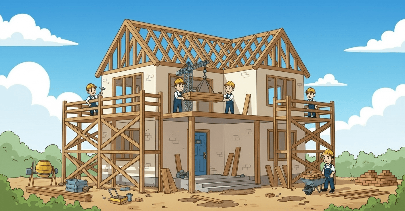 travaux de rénovation complète dans une maison en cours de transformation.