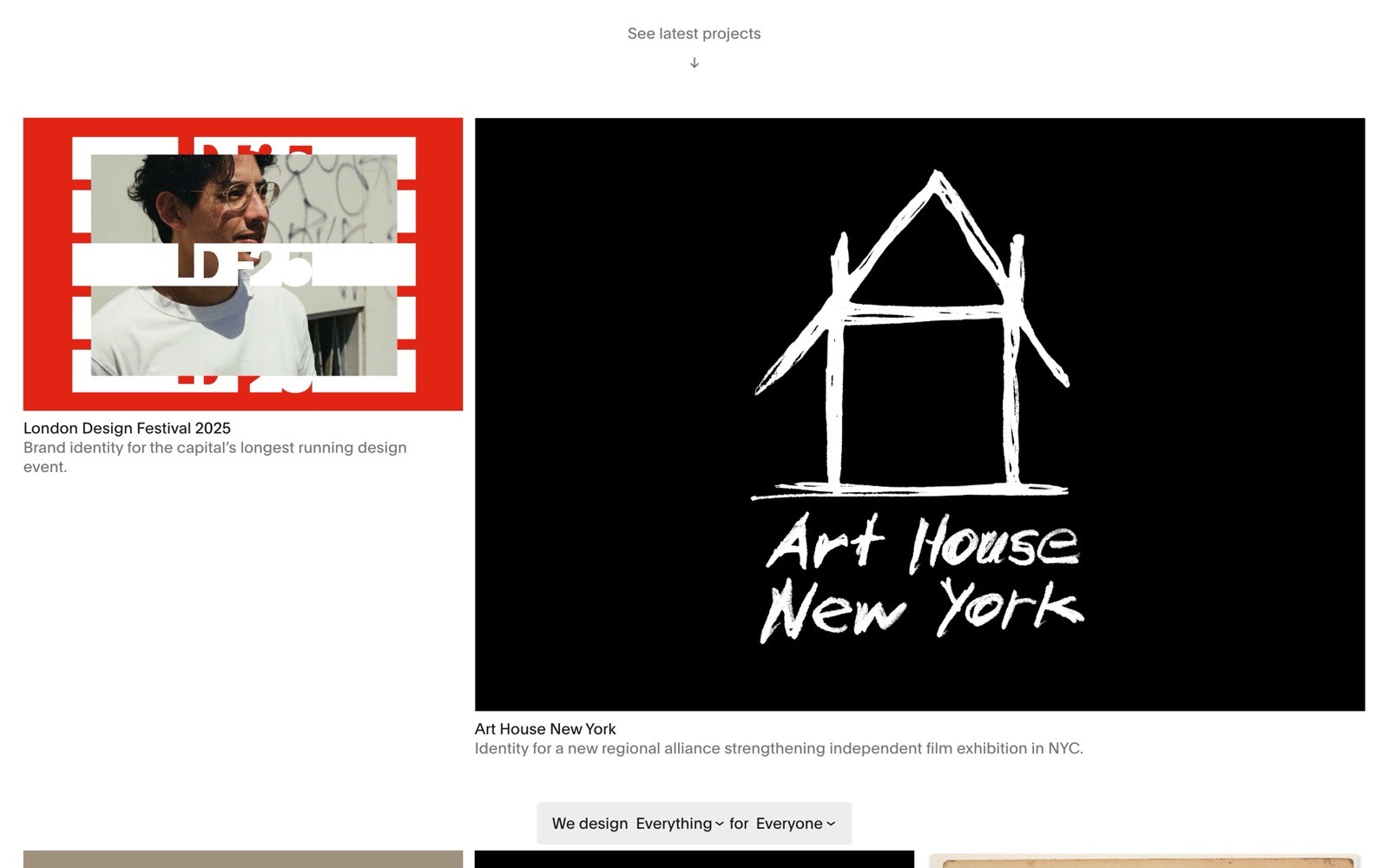 Red and white graphic with text "London Design Festival 2025" on left. Black and white sketch of house reads "Art House New York" on right.