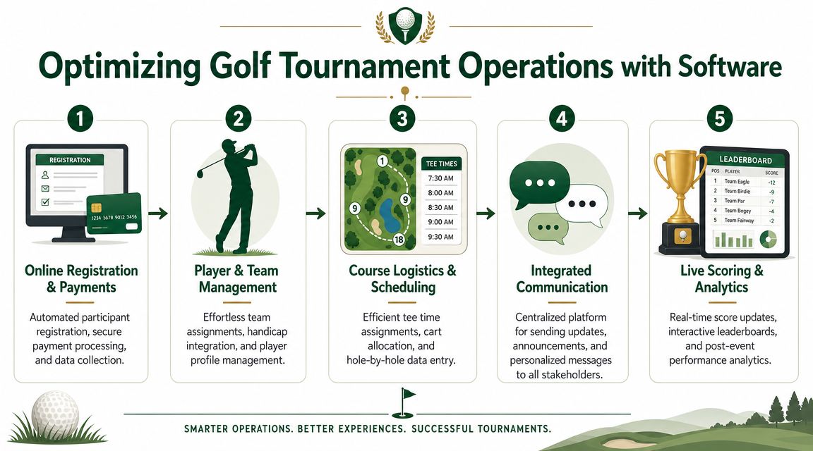 An infographic showing the five-step process of using software to optimize golf tournament operations and management.