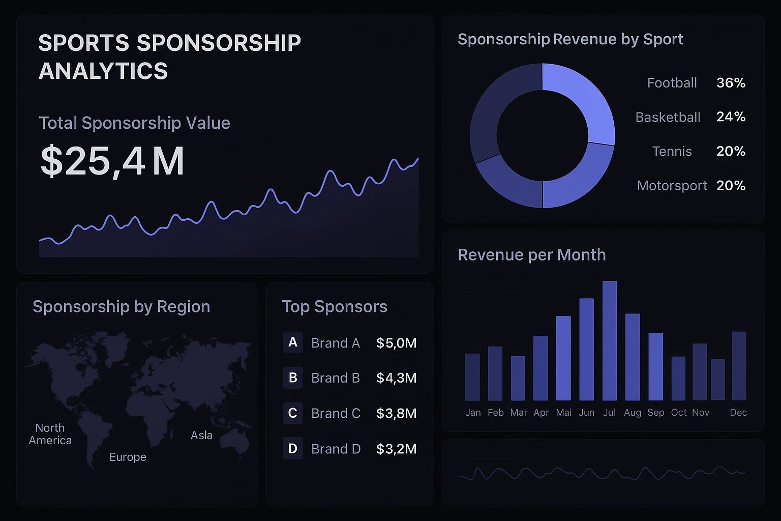 Sports sponsorship analytics dashboard displaying total sponsorship value, revenue by sport, and brand performance metrics across multiple regions.