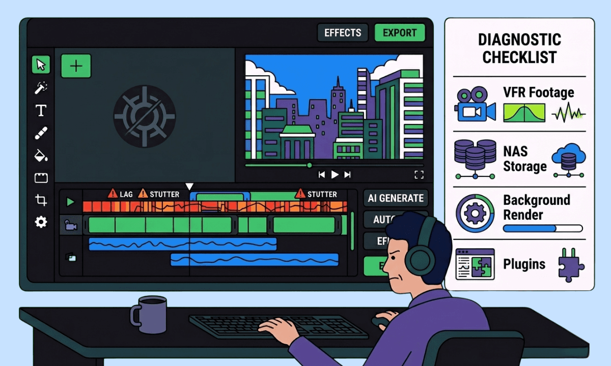 Flat illustration of a Final Cut Pro style magnetic timeline showing lag indicators and a checklist of fixes including VFR footage, NAS storage, background rendering, and playback quality settings