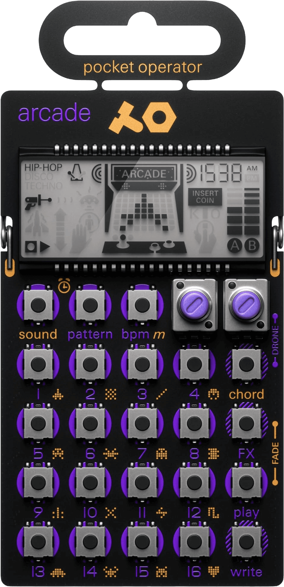 Teenage Engineering PO-20 Arcade pocket operator, a black synthesizer with purple buttons and an arcade-themed LCD screen.