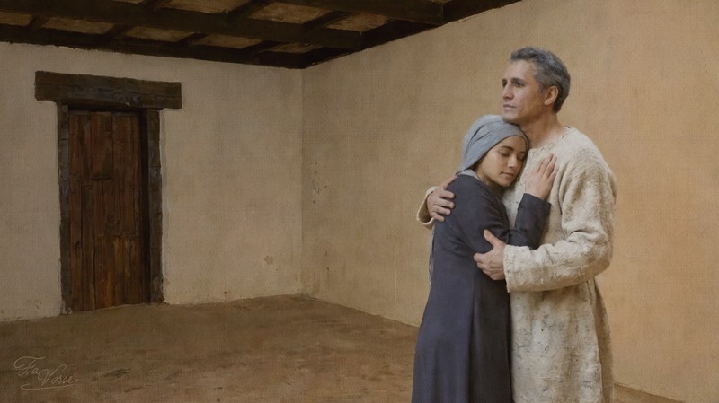 Sacred artwork by Faith and Verse. © Faith and Verse, 2026. All rights reserved. Eulogius of Córdoba sheltering Leocritia in a bare room in Córdoba, late winter 859, a closed door visible behind them.