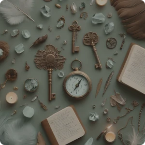 Mystical flat lay with antique keys, crystals, and a vintage pocket watch