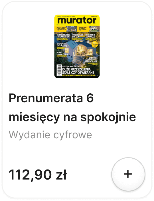 A compact UI product card for a digital subscription in the Murator checkout flow. The card features a small thumbnail of the magazine cover, the title 'Prenumerata 6 miesięcy na spokojnie', the price of 112,90 zł, and a quantity selector button (+1) for easy cart management