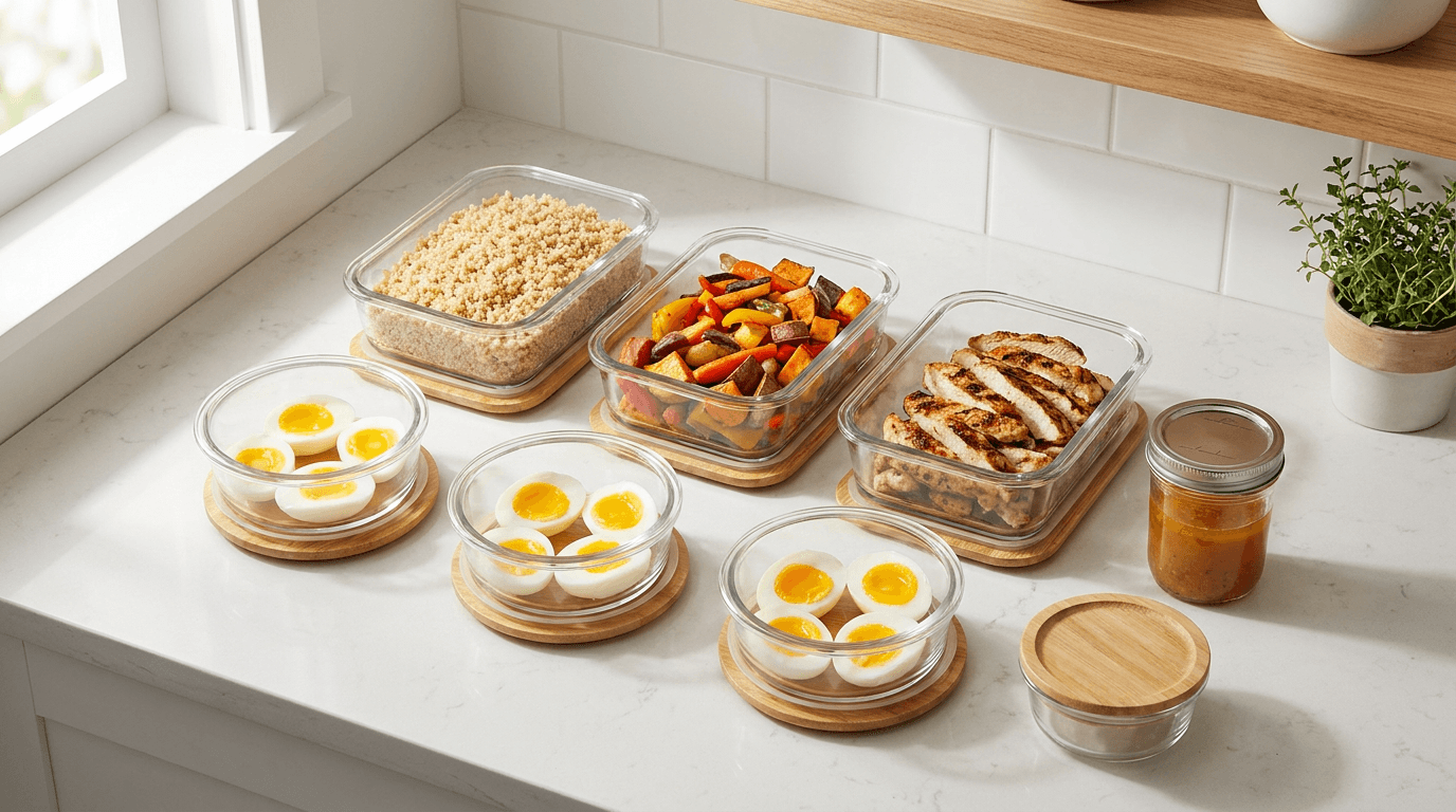 Glass containers with prepped high protein meals ingredients on kitchen counter