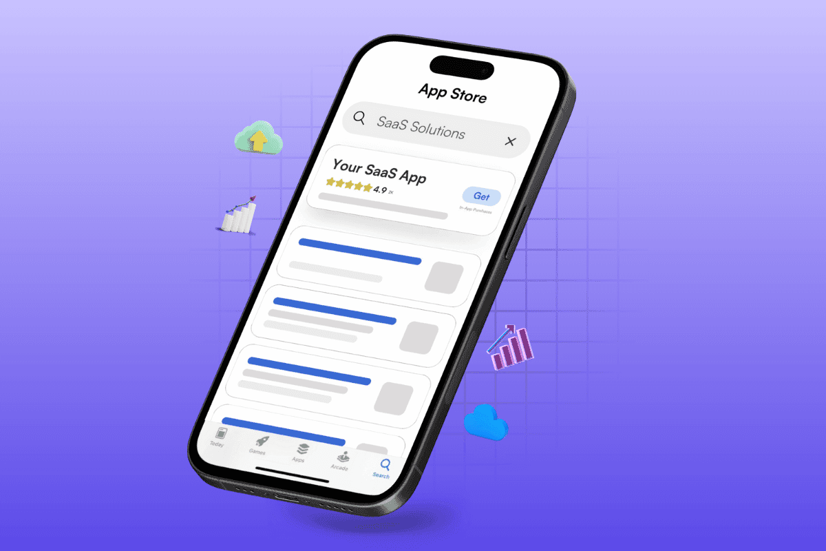 3D render of an iPhone displaying an optimized App Store listing for a SaaS application with high ratings and upward growth charts.