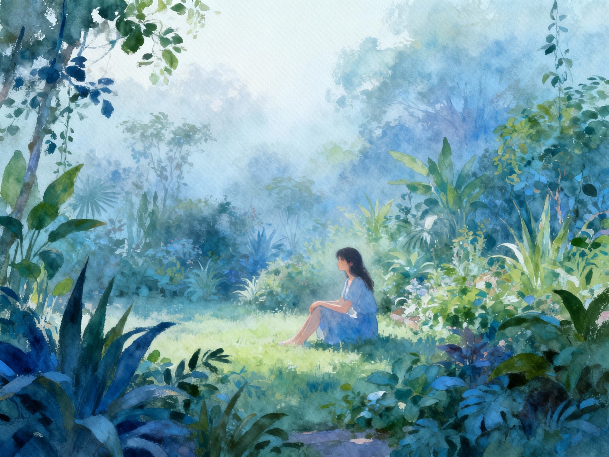 A dreamy fine-art illustration-inspired scene featuring a young woman sitting in a lush botanical