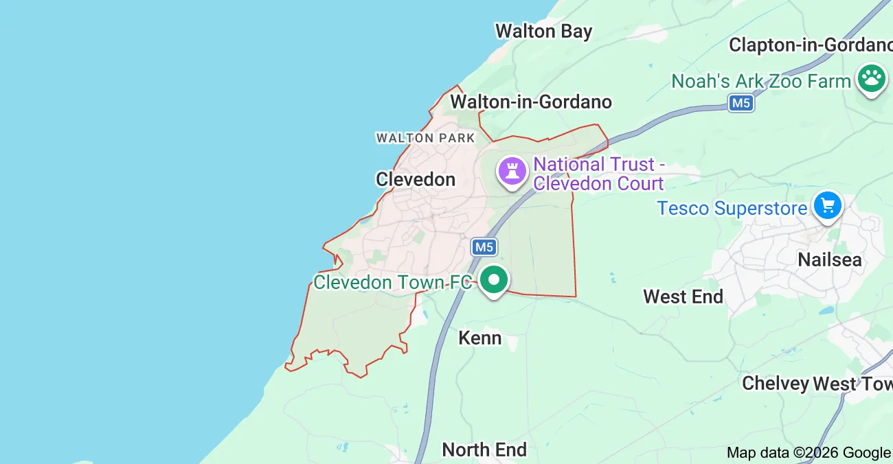 Map of Clevedon and surrounding areas; shows M5, Clevedon Town-FC.
