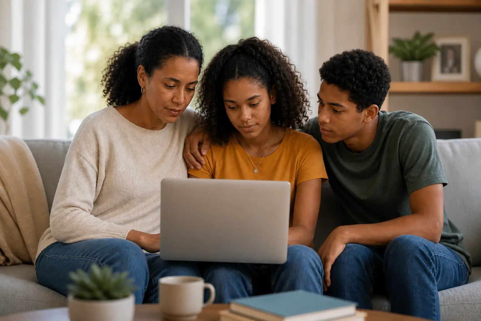 Family huddled together in a living room sharing one computer to review Pathroots online support in