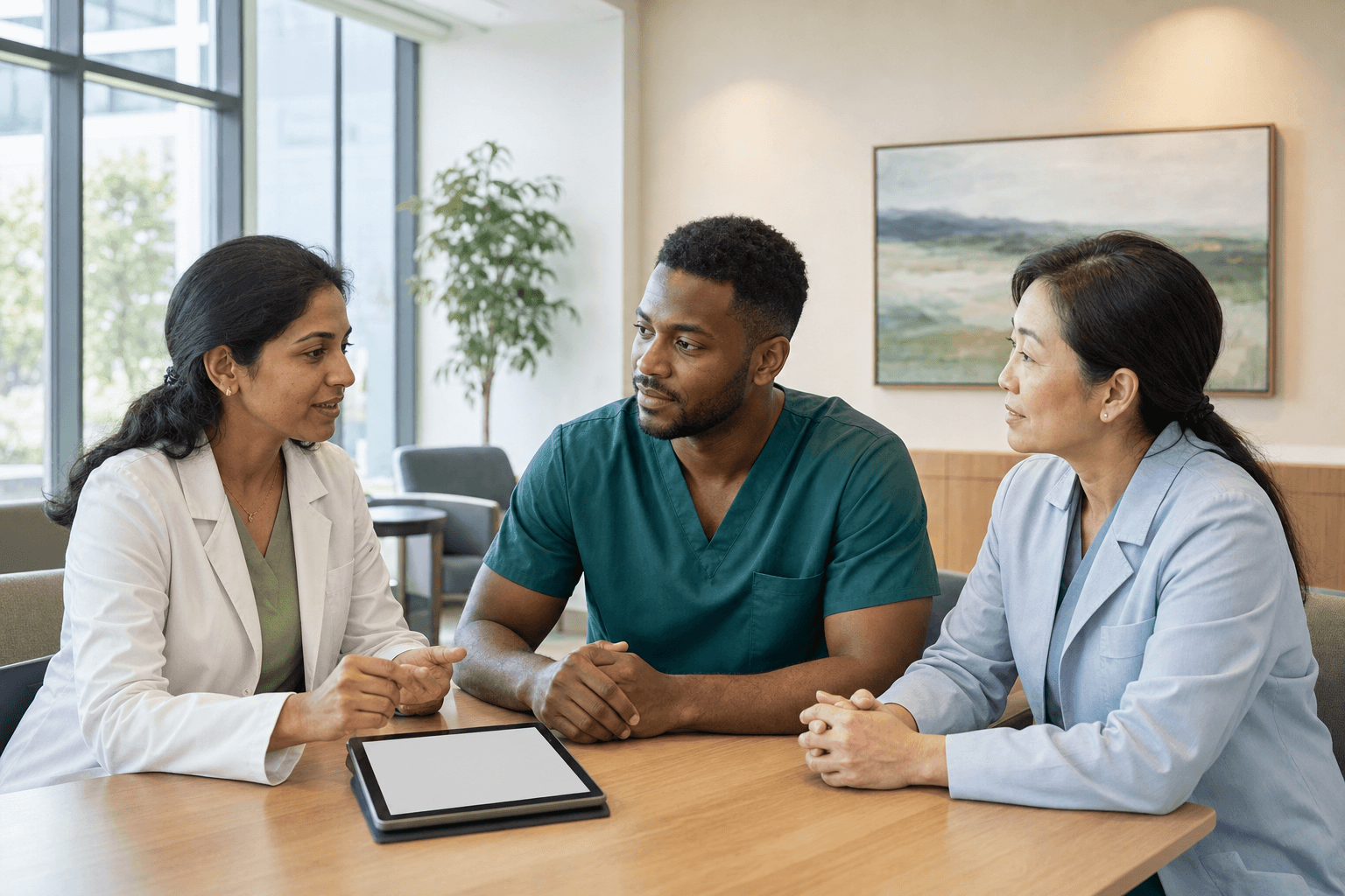 Three fictional clinicians collaborate around a table in a bright clinic. AI-generated demonstration image.