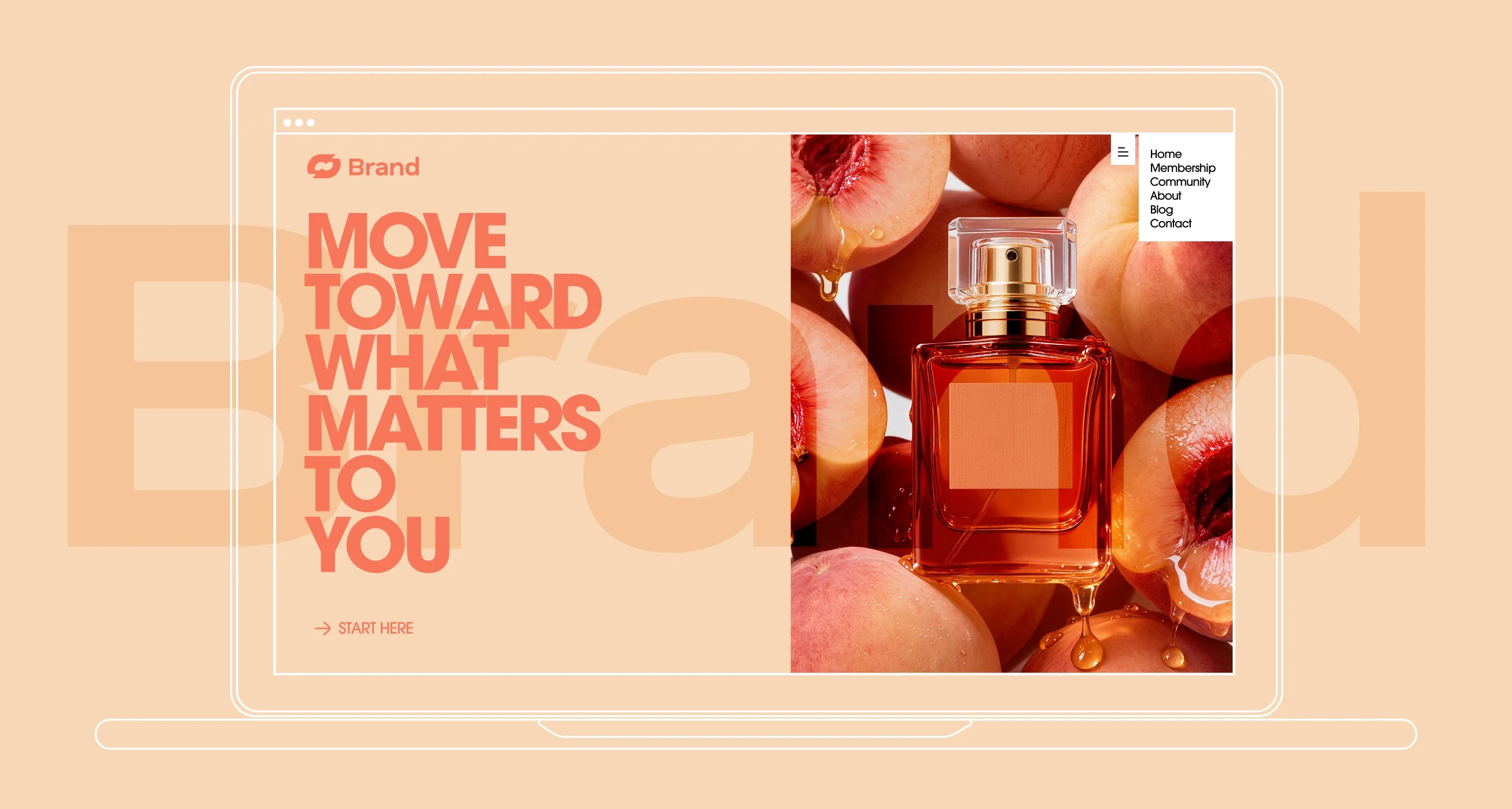 Perfume bottle with peaches and dripping juices on a branded webpage.