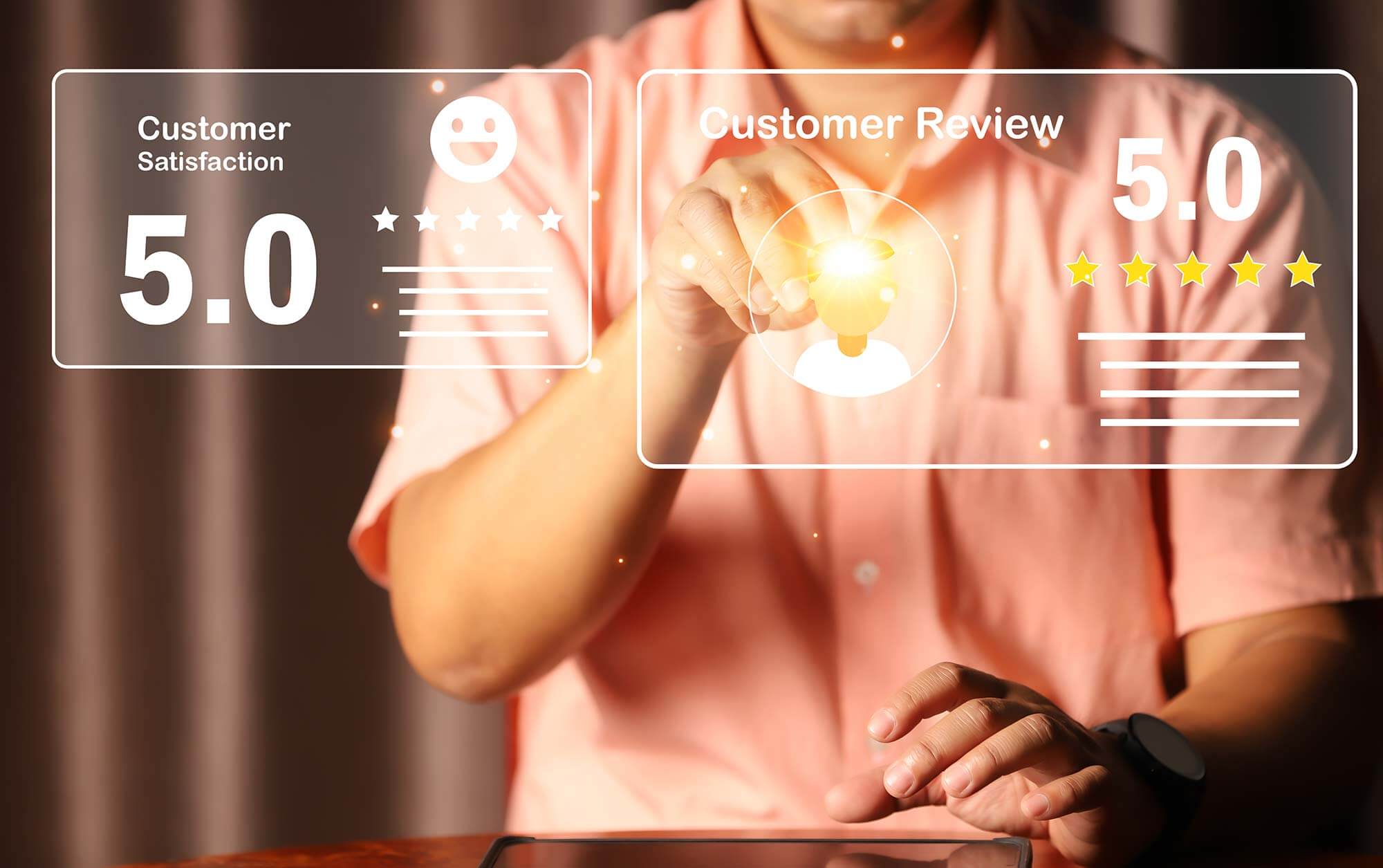 Futuristic graphic of a person viewing customer reviews
