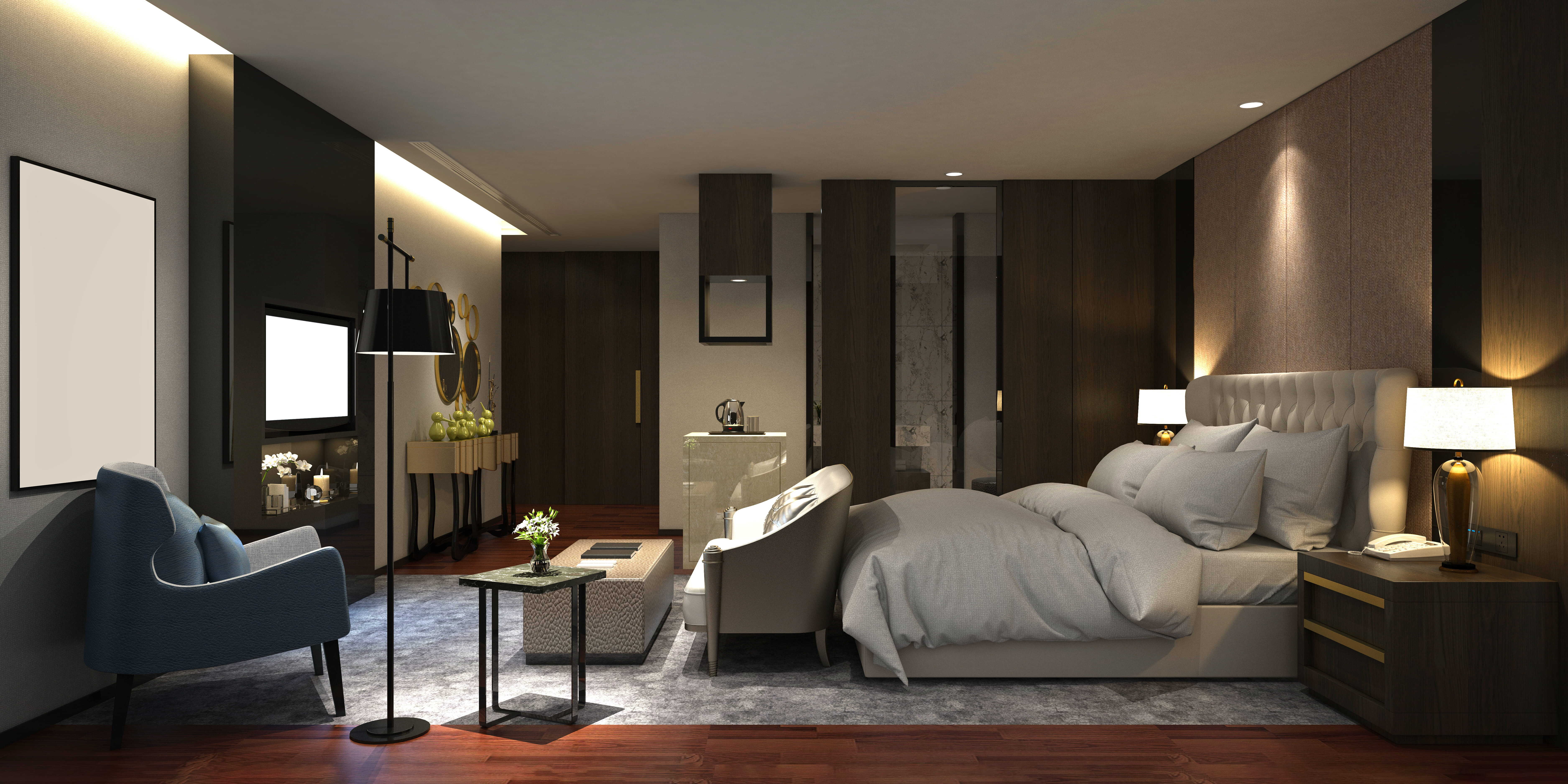 Luxuriöses Hotelzimmer mit gepolstertem Doppelbett, Holzvertäfelung, indirekter Beleuchtung und eleganter Sitzecke – moderne Objekteinrichtung für Hotels von MW Interior
