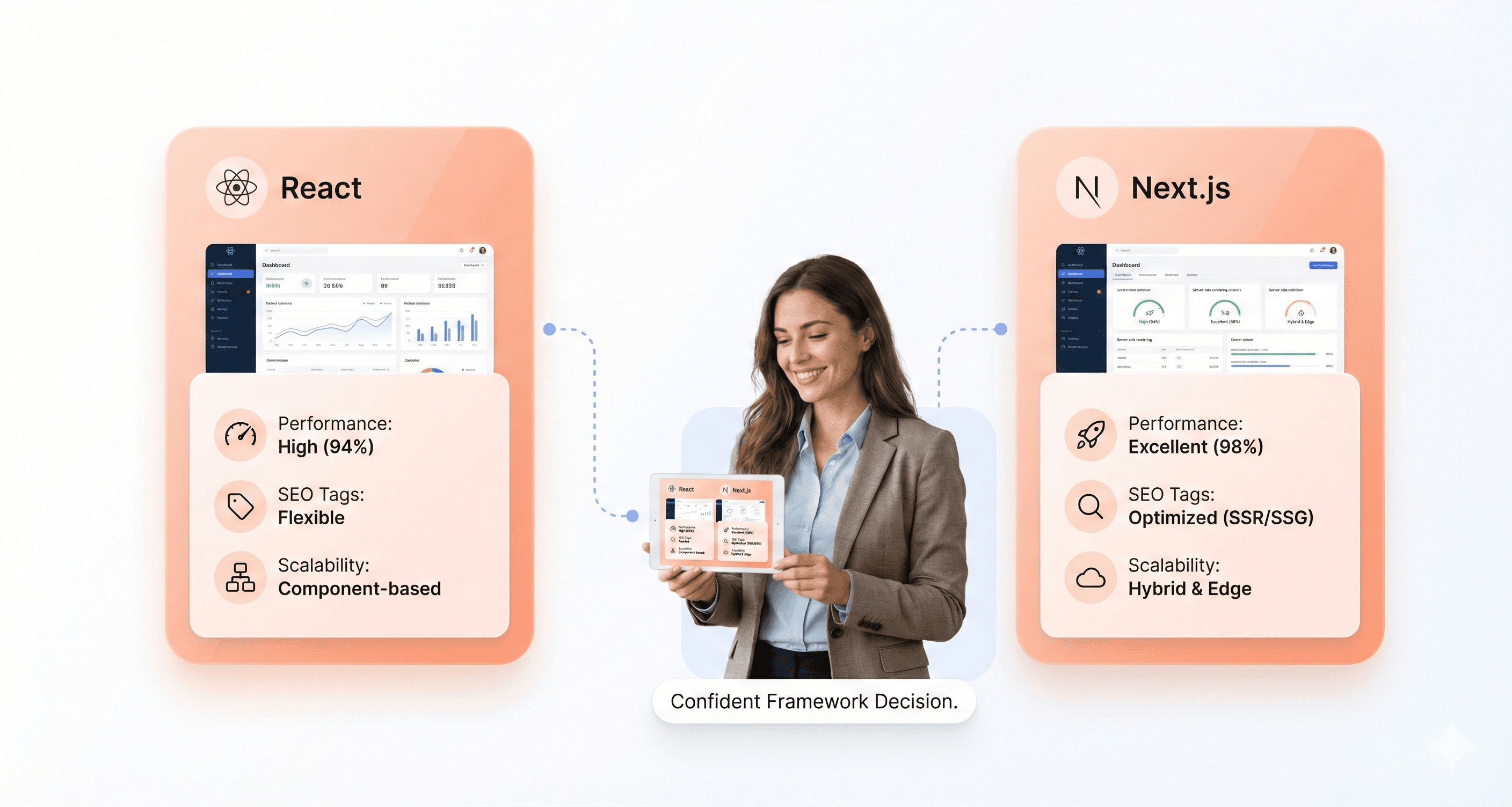 “Comparison of React and Next.js for SaaS development in 2025, showing performance, SEO, and scalability features with modern SaaS dashboards”