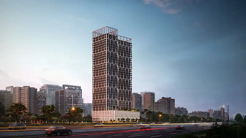 Panoramic city view of the development site; expert real estate insights on Binghatti Titania's location.