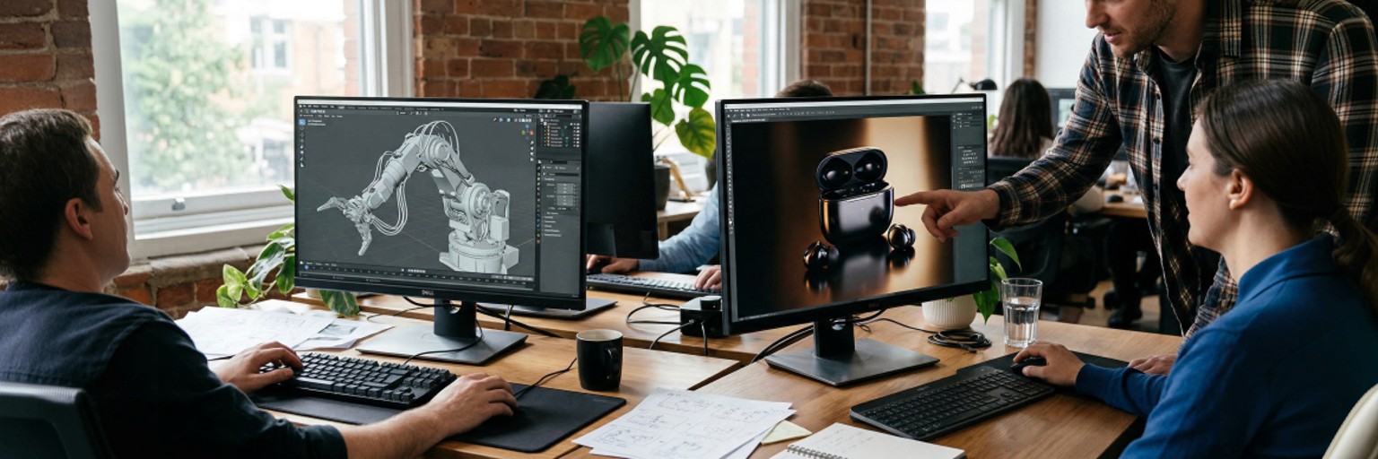 3D animation studio team reviewing a rendered product animation alongside an active 3D modelling viewport — 3D animation services for product companies — Penguincil Design