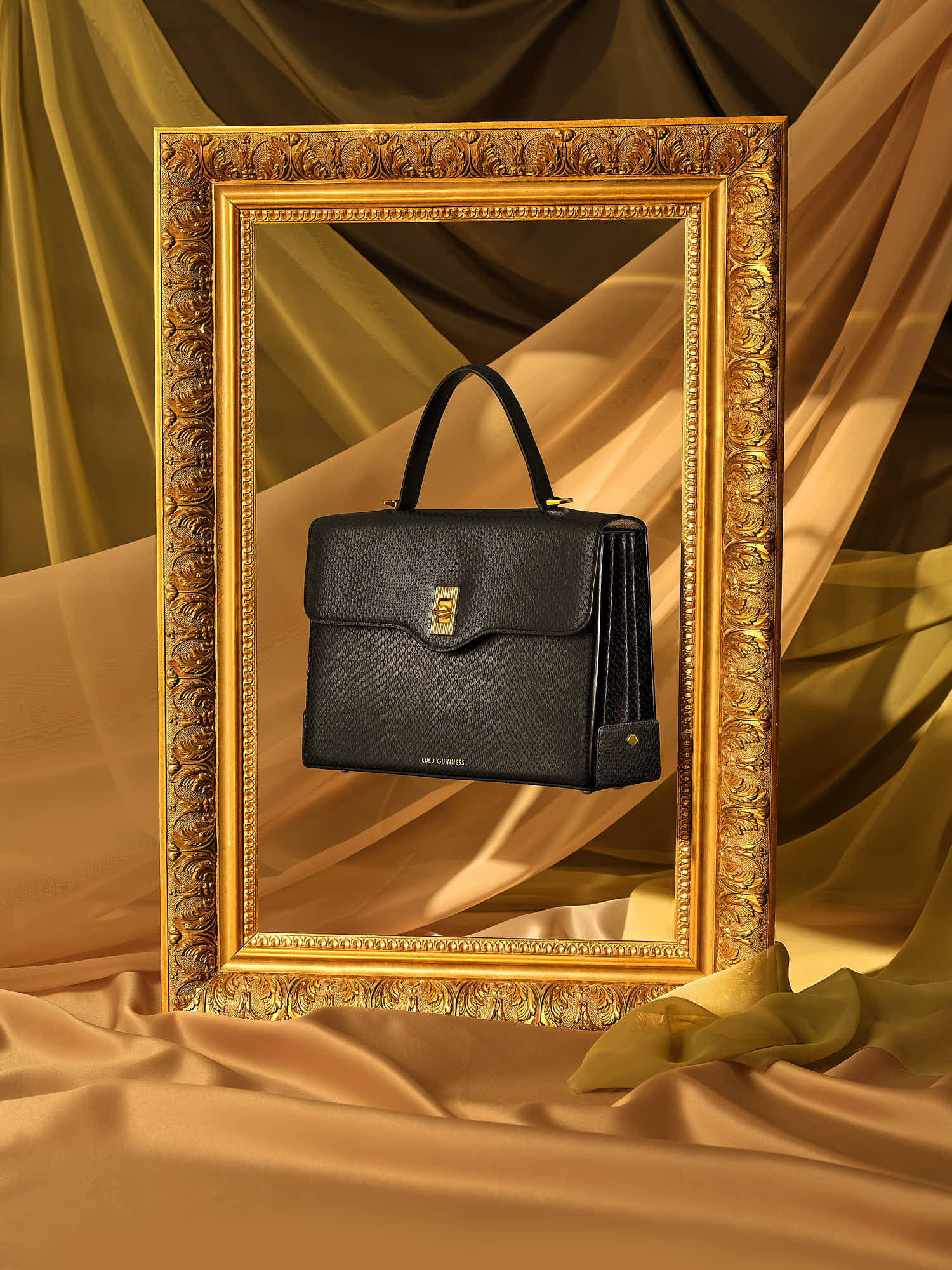 Elegant black handbag framed in ornate gold, luxurious fashion accessory display.