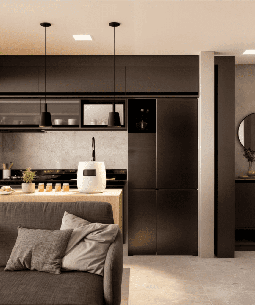 Sala de estar e cozinha ao fundo