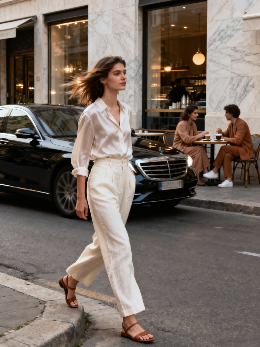 A woman walking across a street holding a blue umbrella