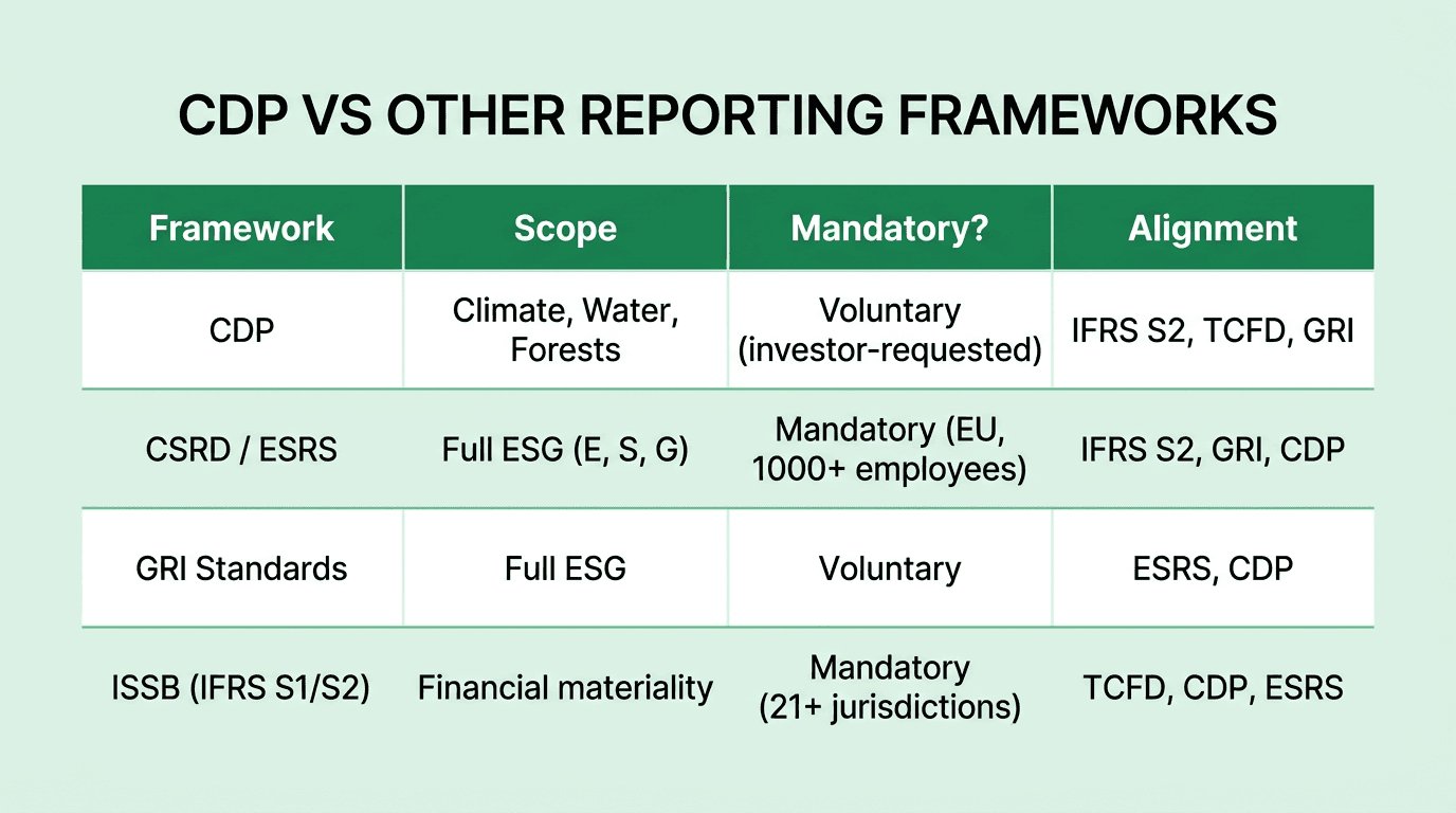 Comparison of CDP, CSRD, GRI, and ISSB reporting frameworks across scope, mandate, and alignment