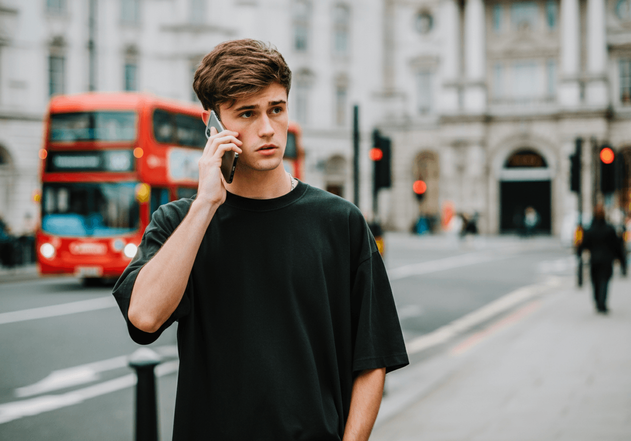 A young man having a phone call in London