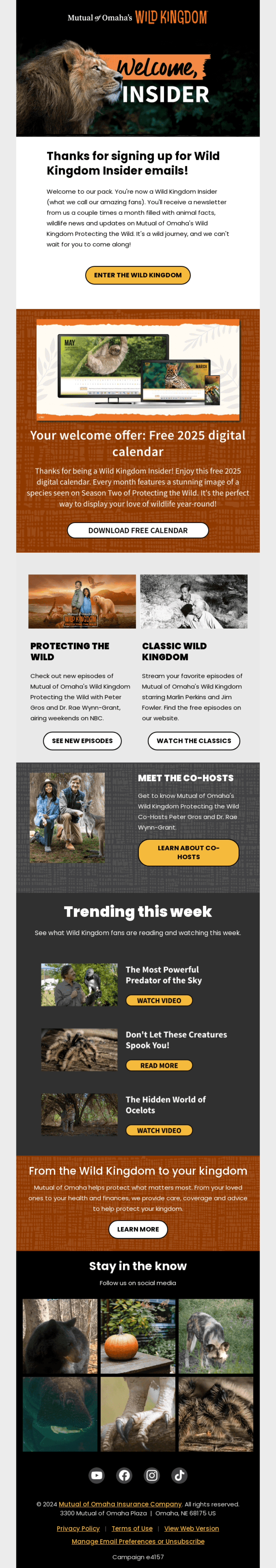 A nature-themed email introducing subscribers to the Wild Kingdom Insider program, offering a free 2025 digital calendar, and highlighting trending wildlife videos. Includes visually engaging wildlife imagery and CTAs to explore more.