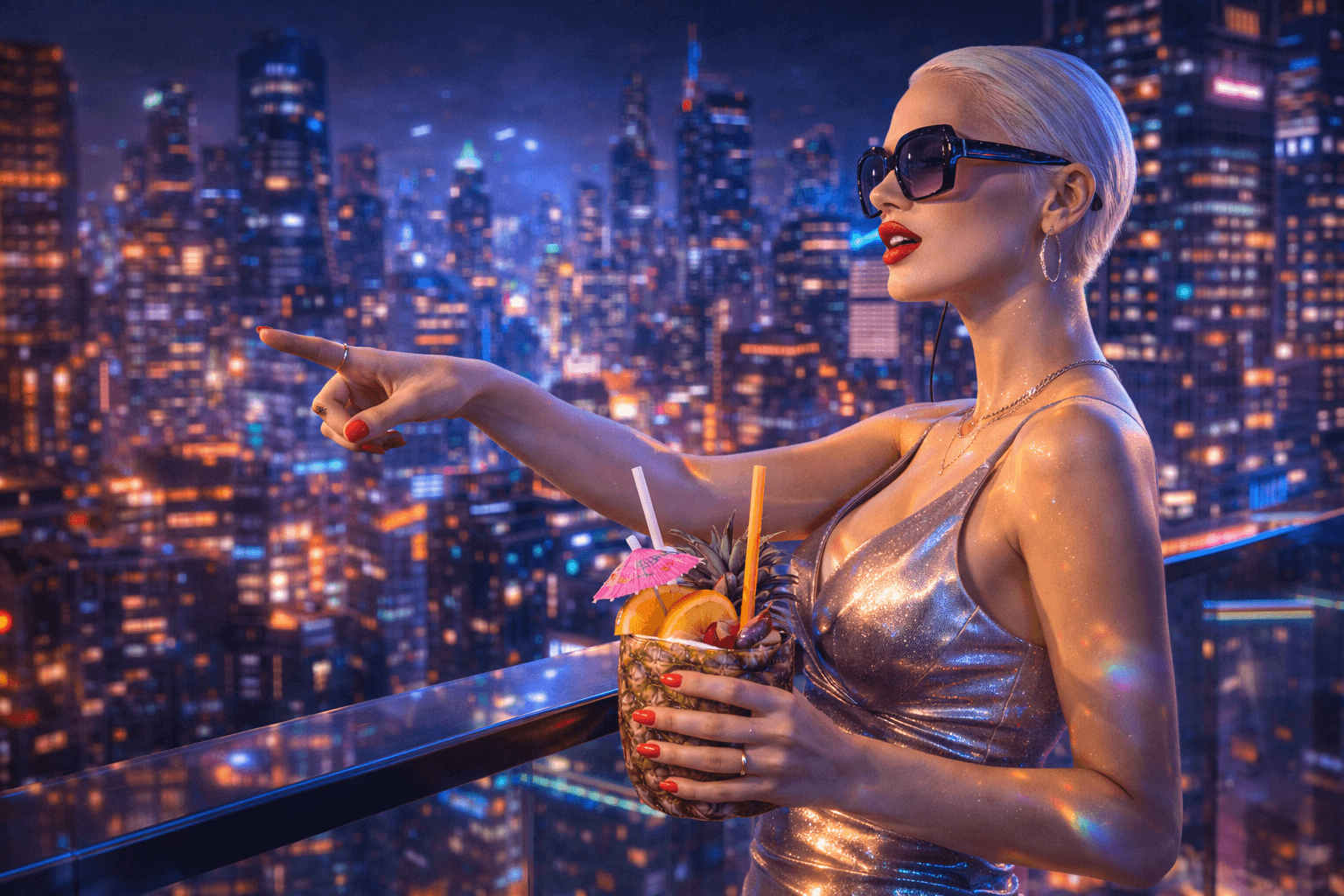 A stylish individual in sunglasses and a metallic dress stands on a balcony overlooking a vibrant, illuminated cityscape at night, holding a tropical cocktail garnished with fruit and an umbrella; design by OQS.