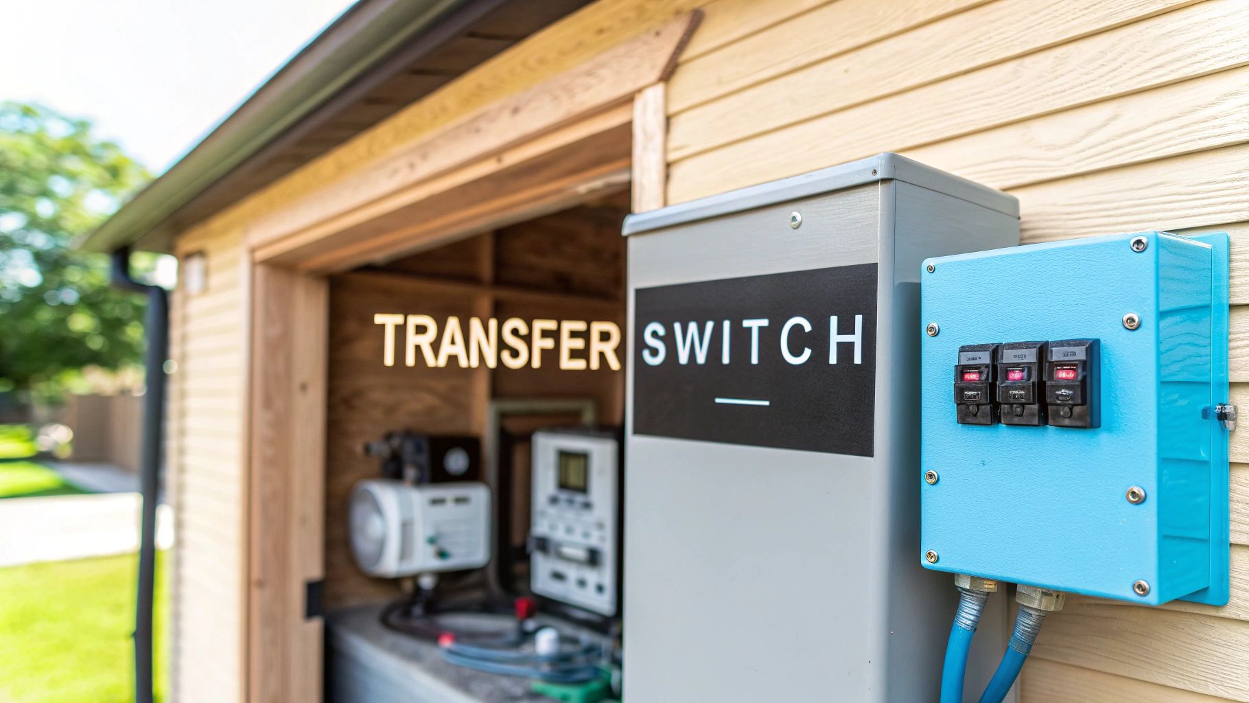 A wooden shed with a blue transfer switch on the wall