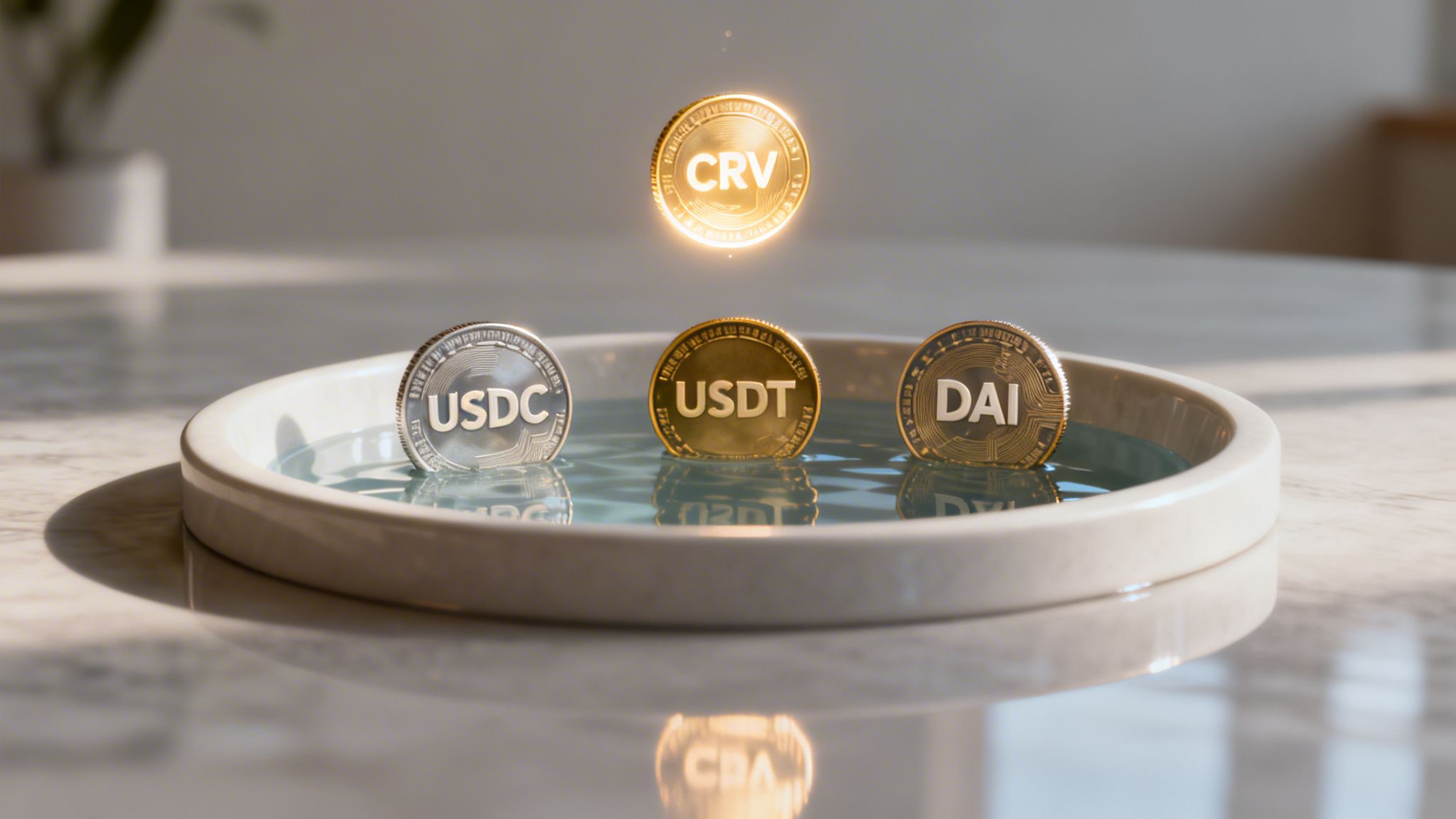 Four cryptocurrency coins: CRV floating, USDC, USDT, and DAI resting in a dish of water.