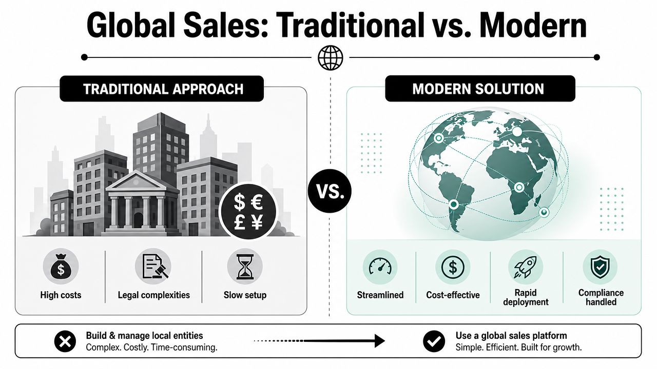 A comparison graphic showing traditional local entity sales vs modern global platform sales solutions.