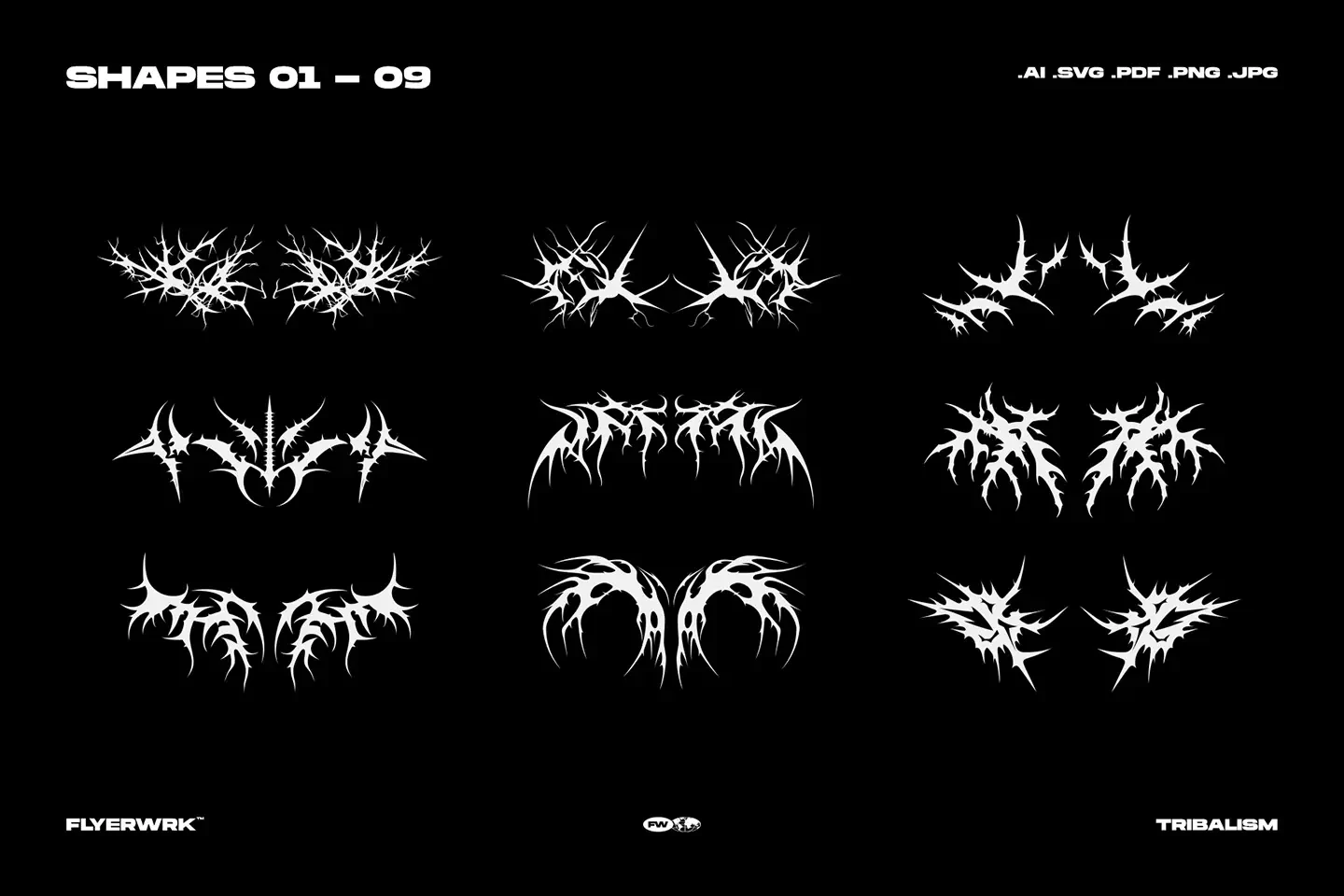Tribalism vector shapes collection preview showing multiple neo tribal symbols on black background