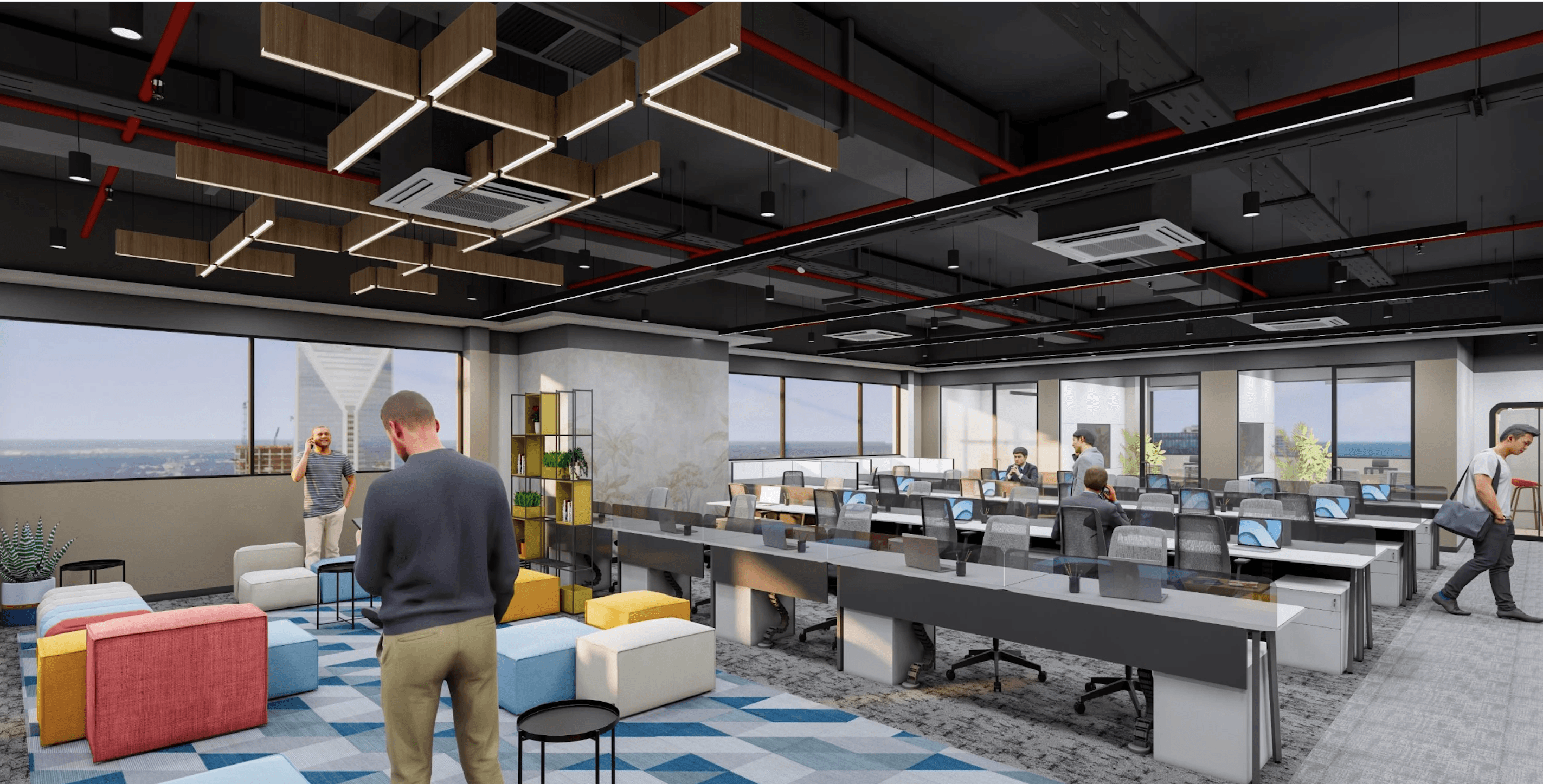 Quality Care hospital's workspace workstation area with open celling and breakout area