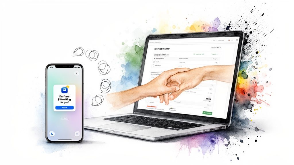Smartphone and laptop displaying a rewards program, with hands shaking, symbolizing customer loyalty.