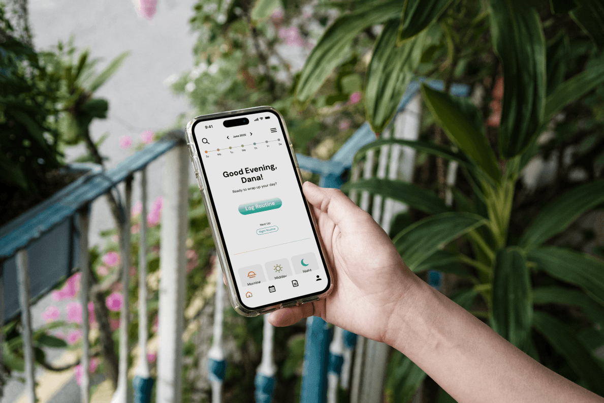 Mockup of Lumi’s final UI home dashboard featuring routine tracking, progress streaks, and daily skincare logging.