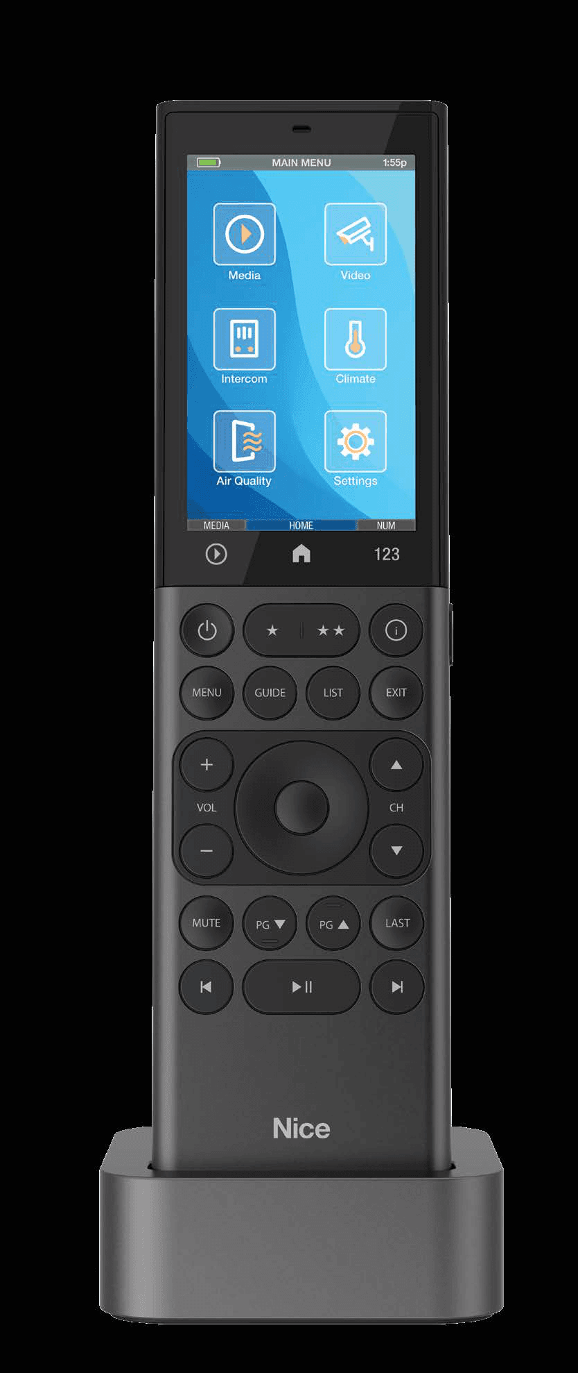 Smart home remote with touch screen menu.