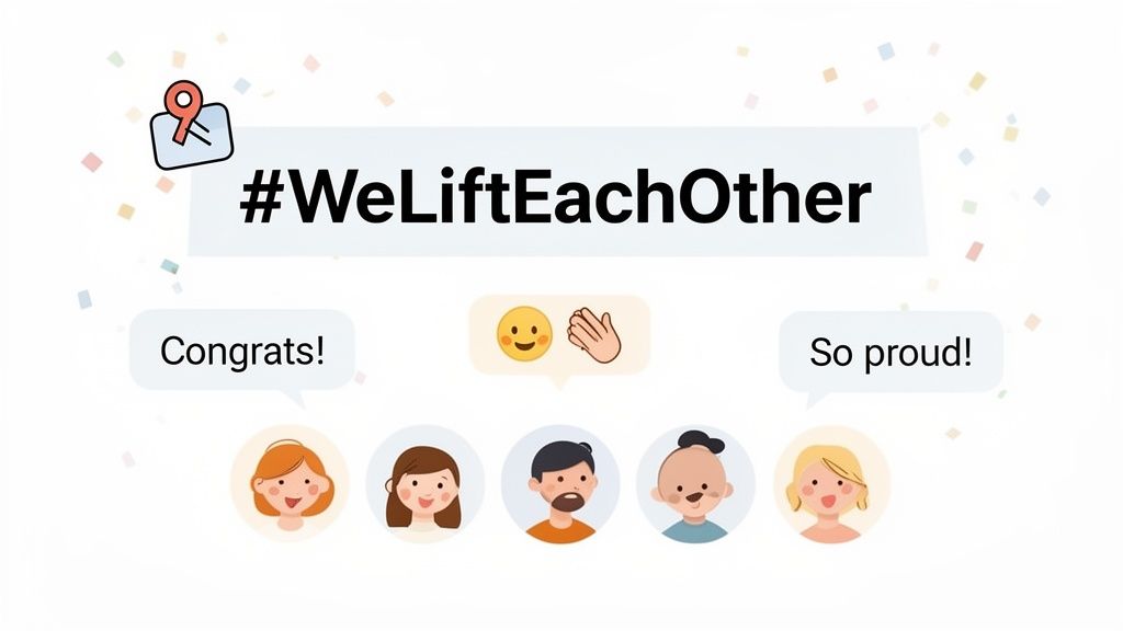 Cartoon illustration of diverse people celebrating with 'Congrats!', 'So proud!', and '#WeLiftEachOther' messages and emojis.