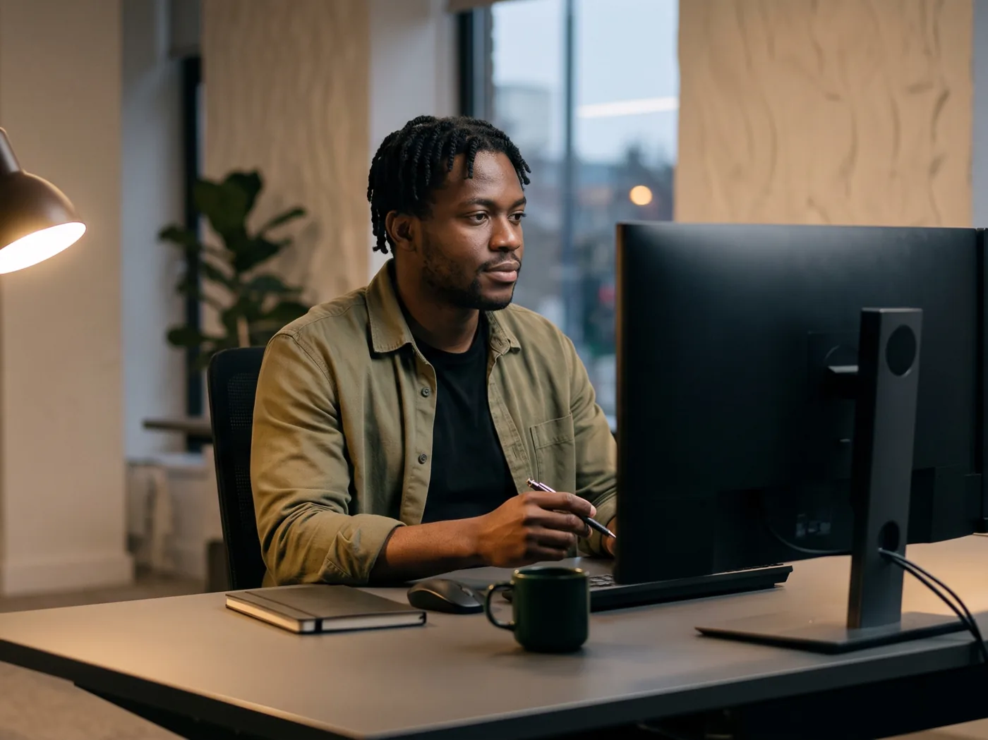 A developer at a monitor at dusk beside a desk lamp