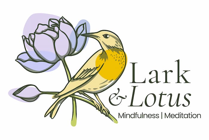 Vector illustration of yellow bird and purple flower with the text "Lark & Lotus"