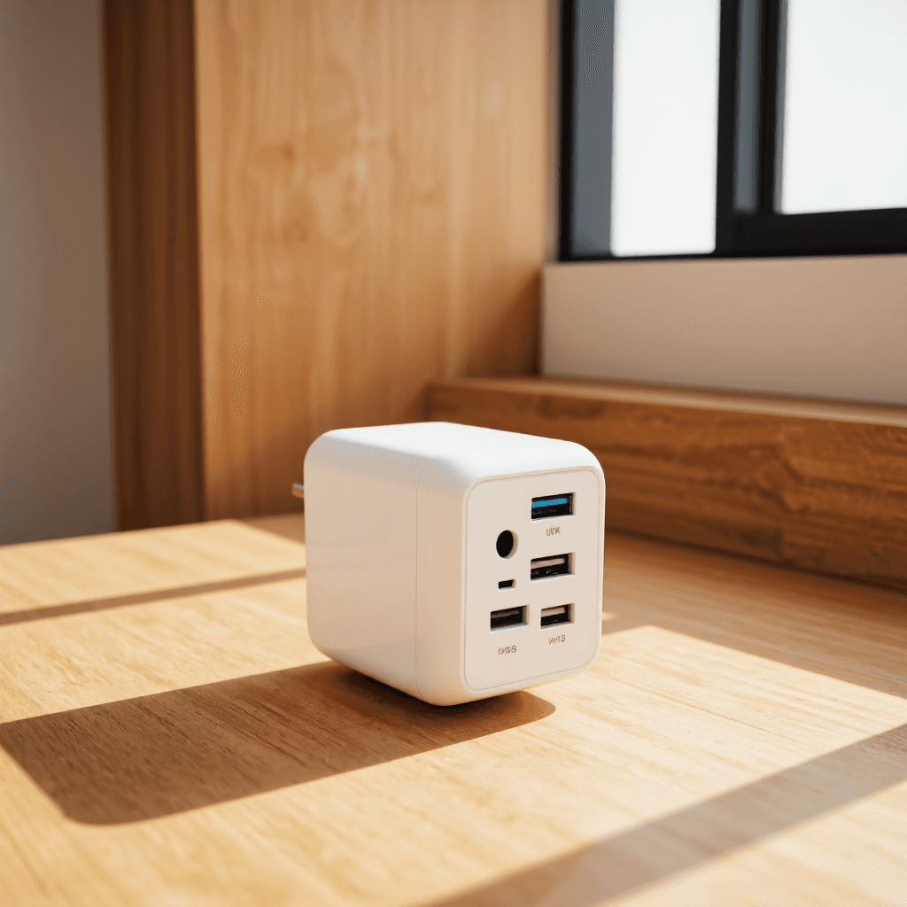 product photography of a power adapter with multiple ports