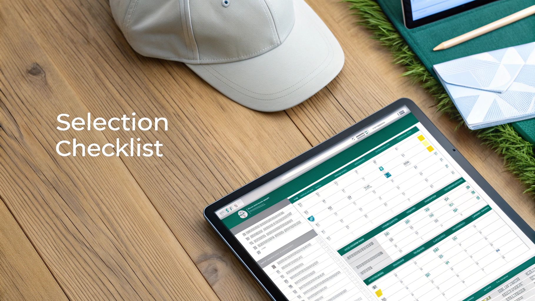 A person using a laptop to plan a golf tournament, with a checklist overlay