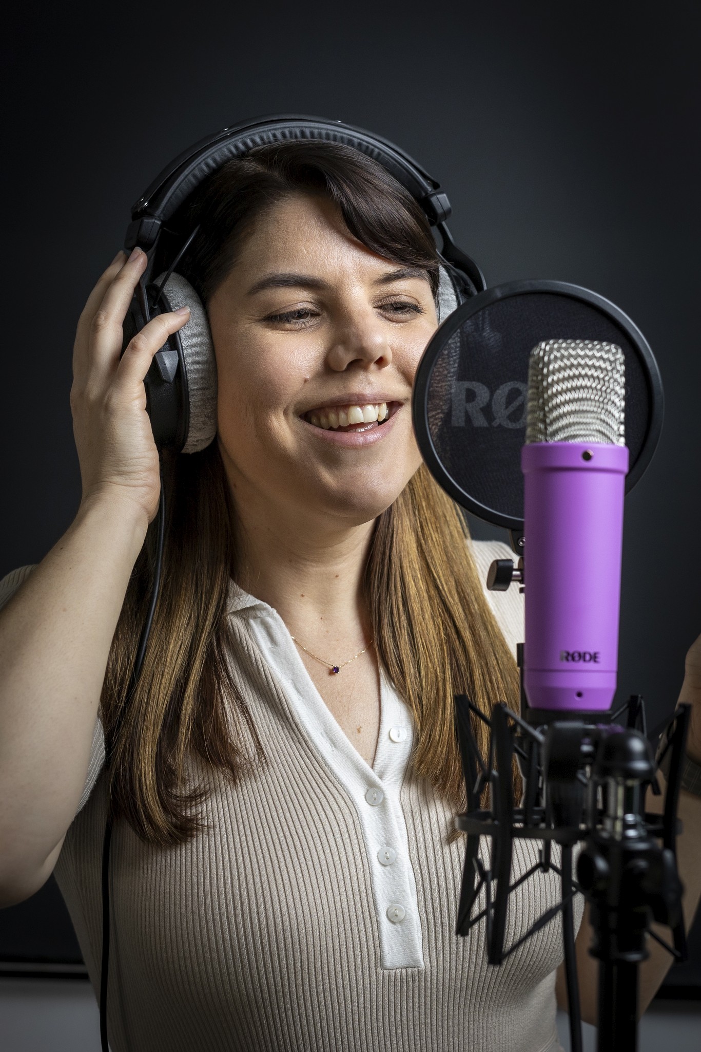 Photo of Kelsey Hall voice acting