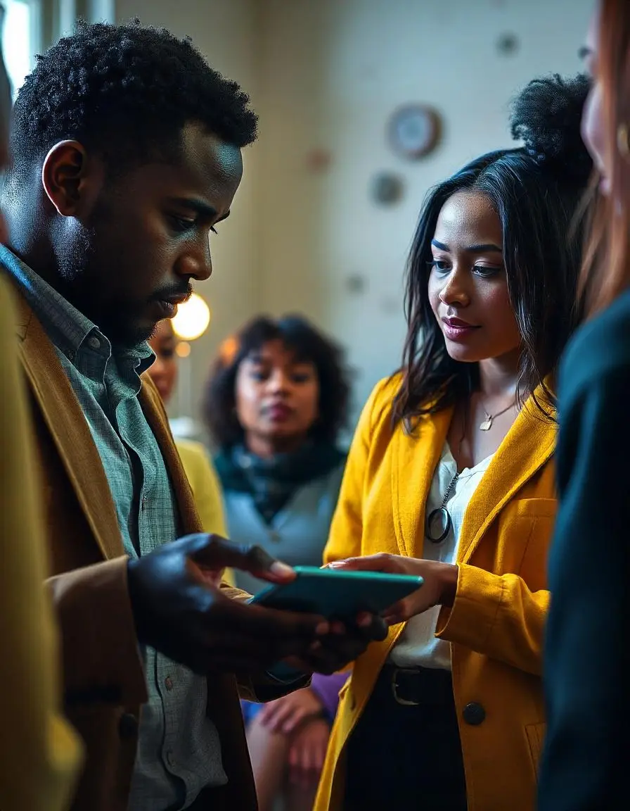 A young African American man and woman standing close together, looking at something on the woman's phone for contact Racool Studio.