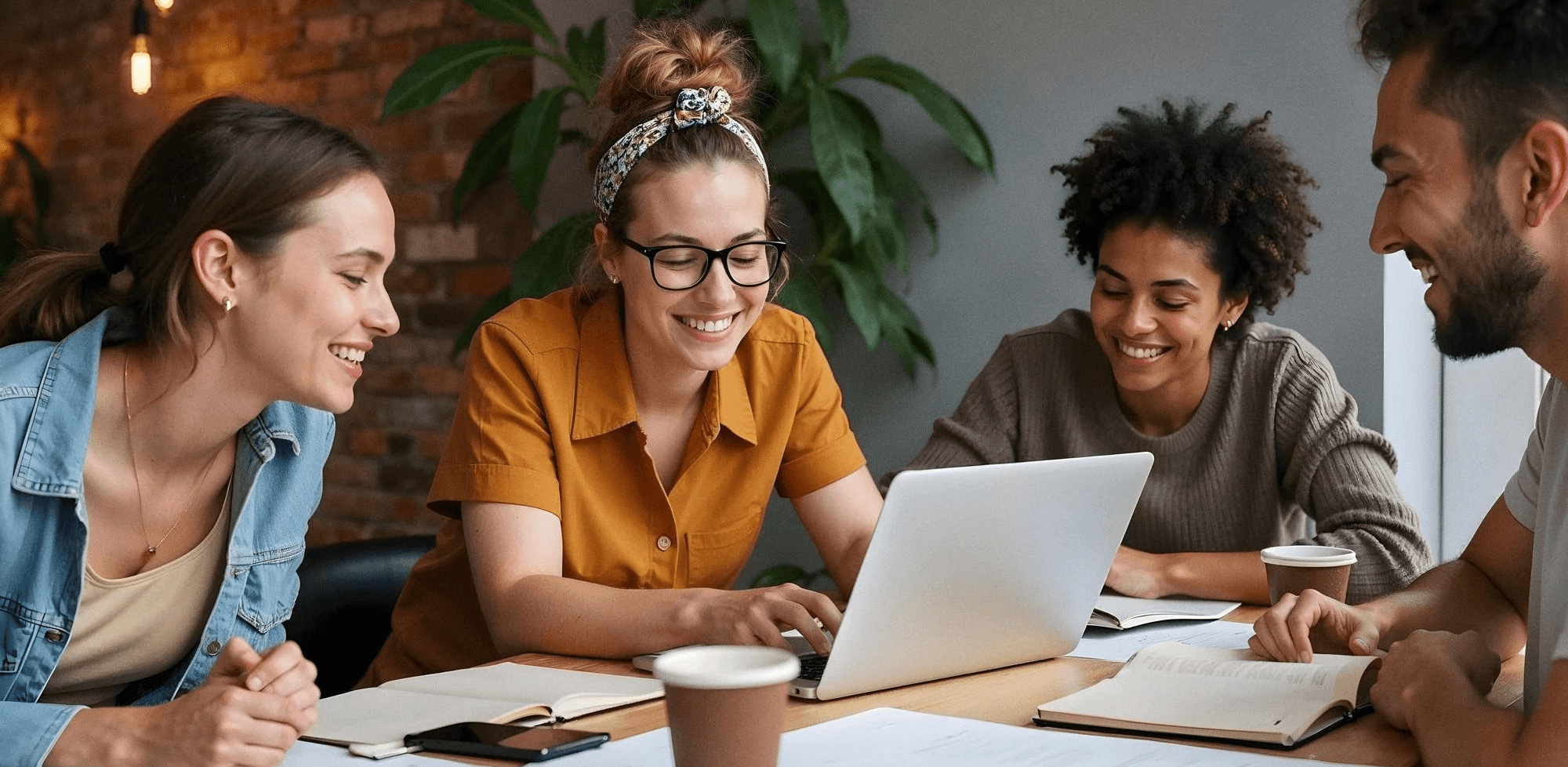 un grupo de trabajadores de la agencia realizando brainstorm grupal