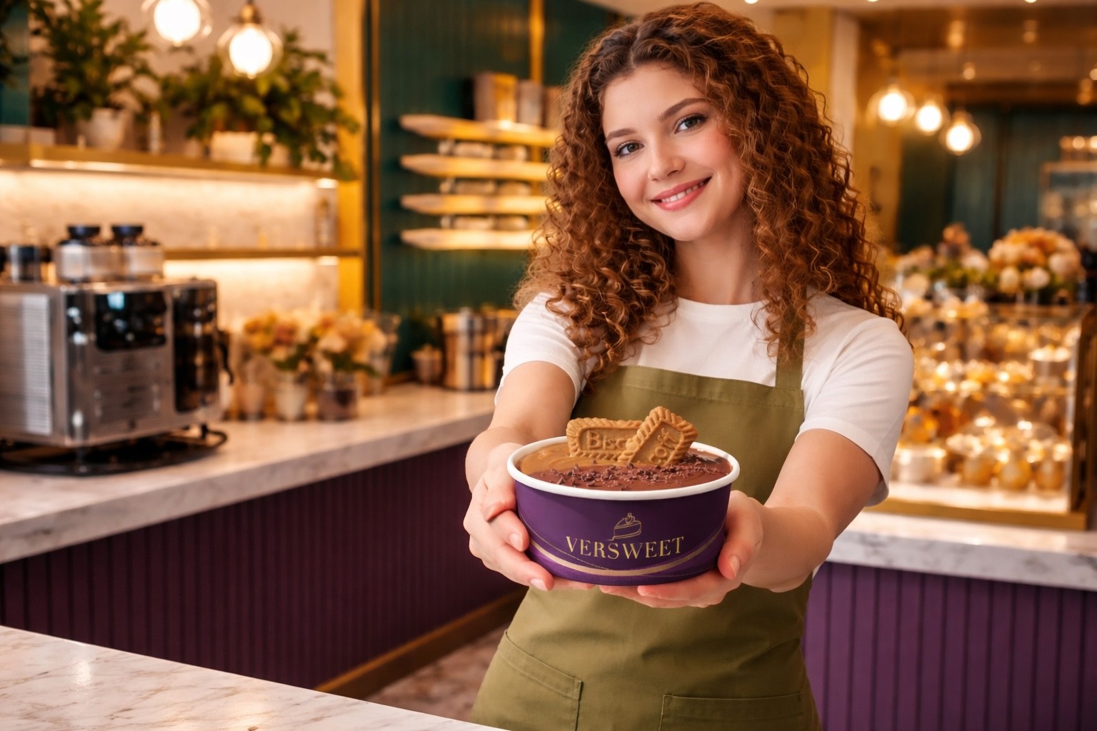 Barista pouring milk into striped ceramic mug