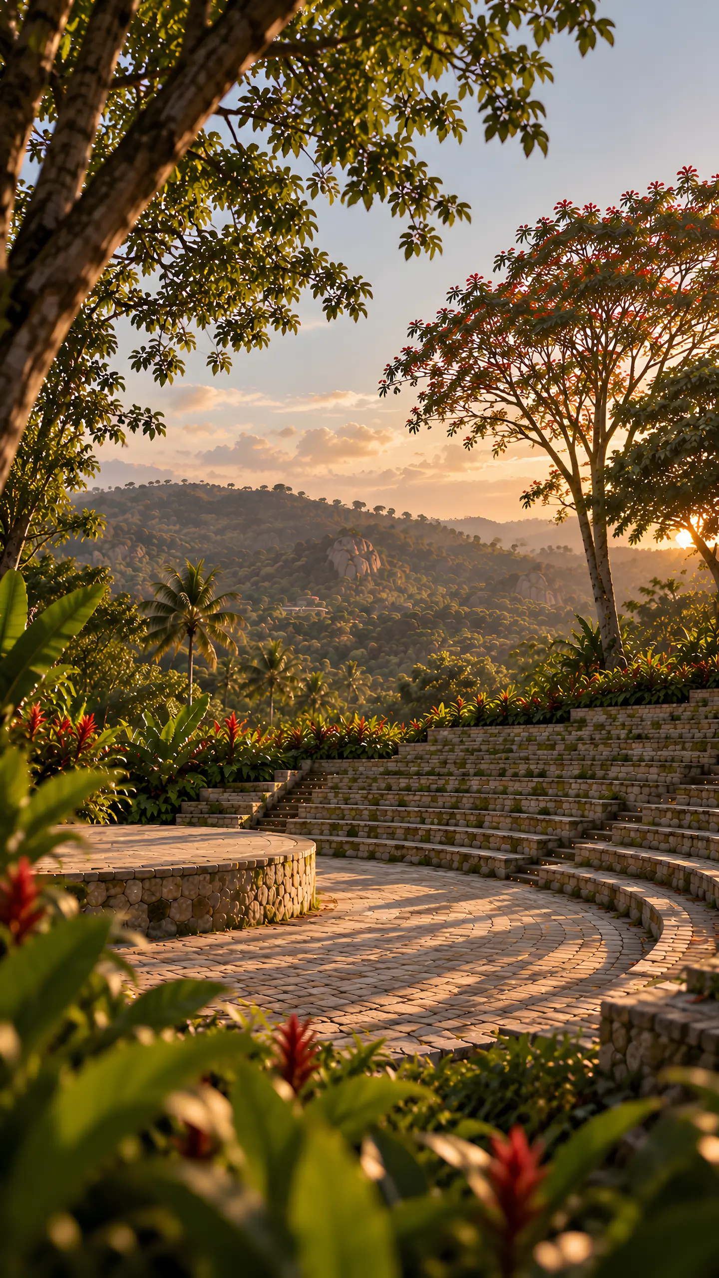 Rendered stone amphitheatre with curved seating tiers at golden hour, overlooking forested hills and flowering tropical planting