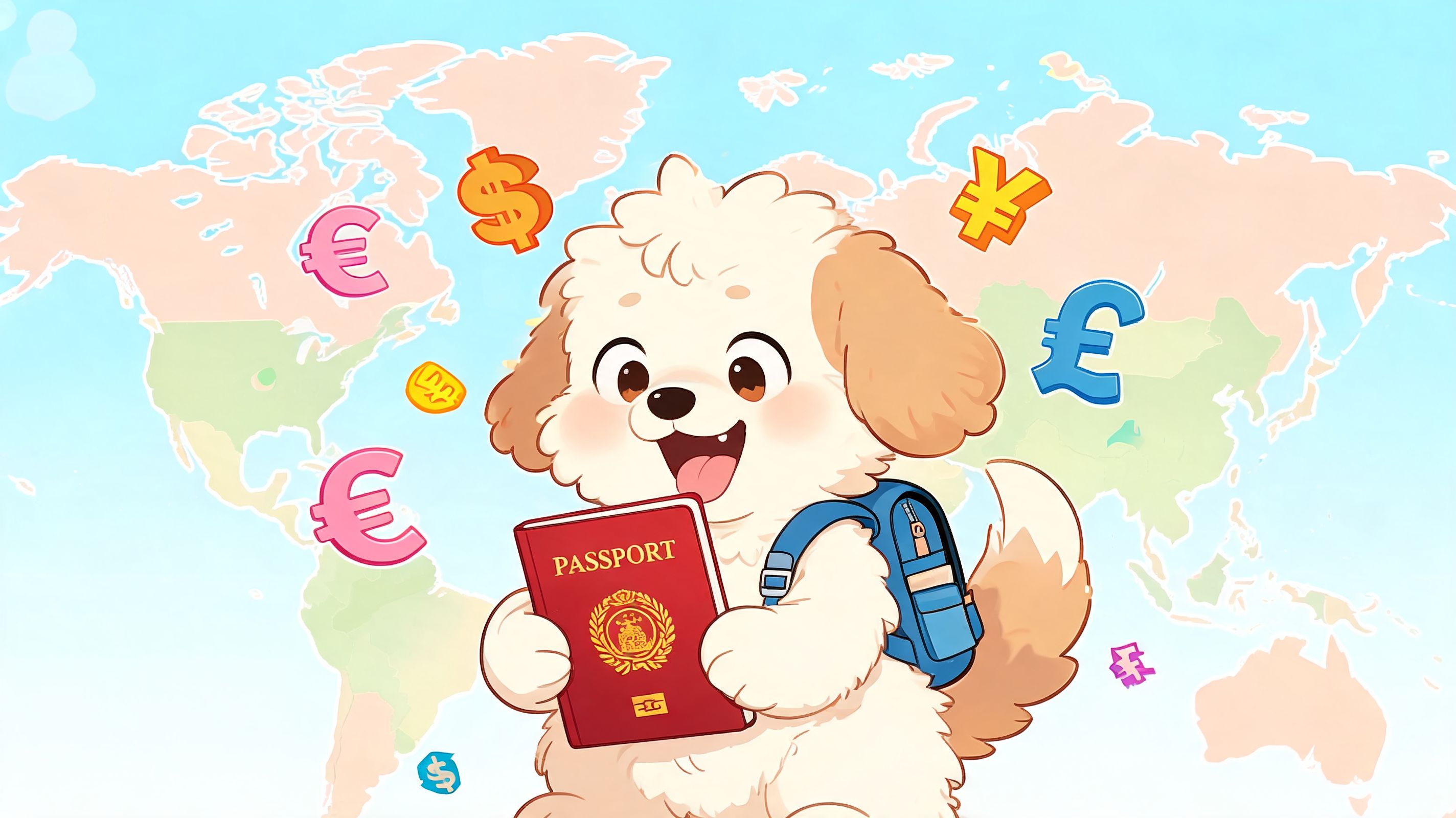 A cute cartoon puppy holding a red passport with currency symbols floating against a world map background.